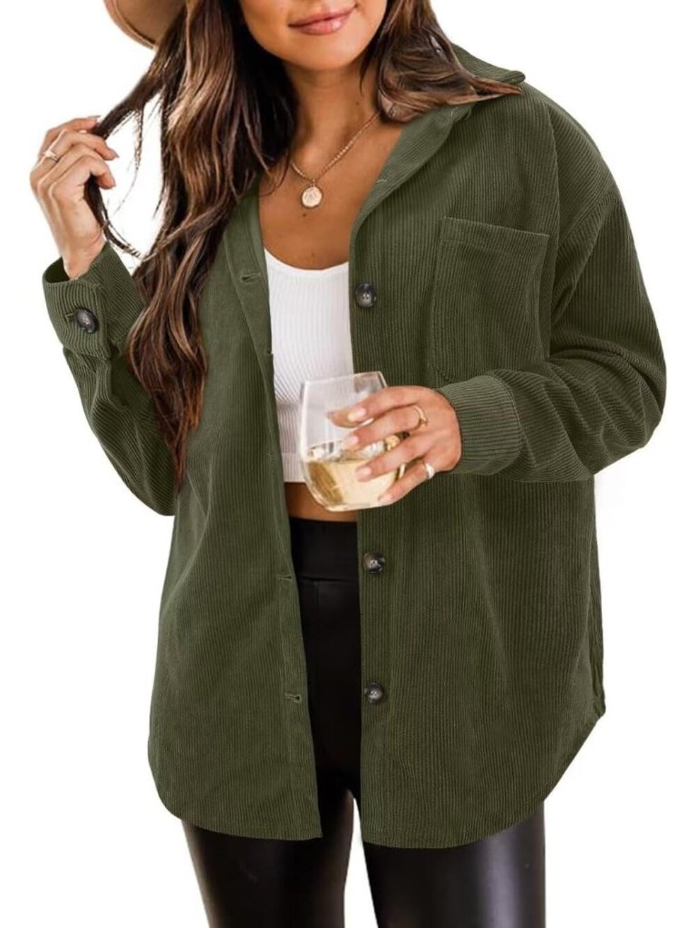 Women's Olive Oversized Corduroy Long Sleeve Button-down Utility Shacket Jacket